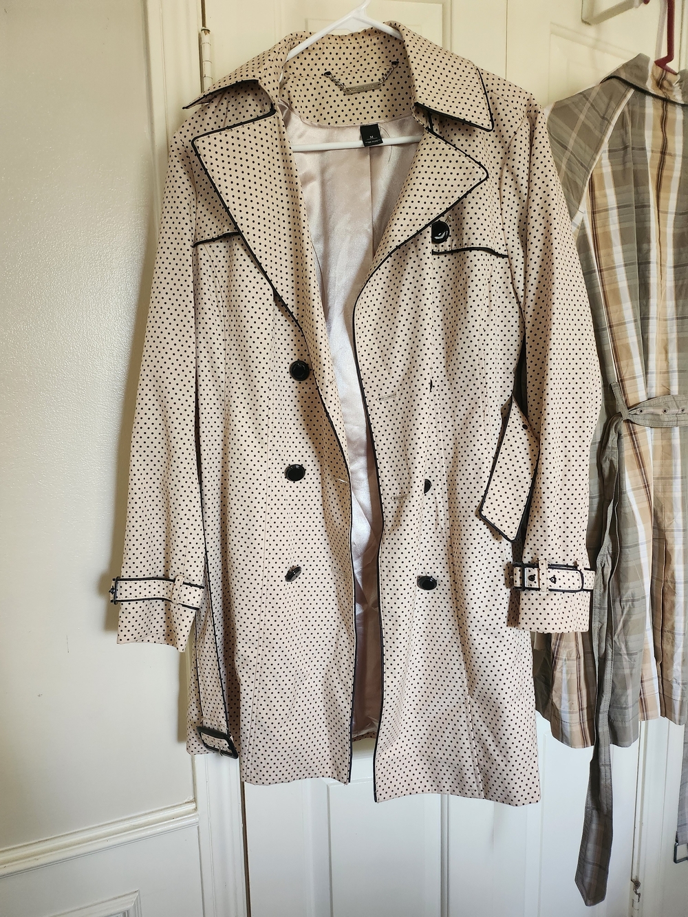 White House Black Market Beige Polka Dot Trench Coat with Black Trim